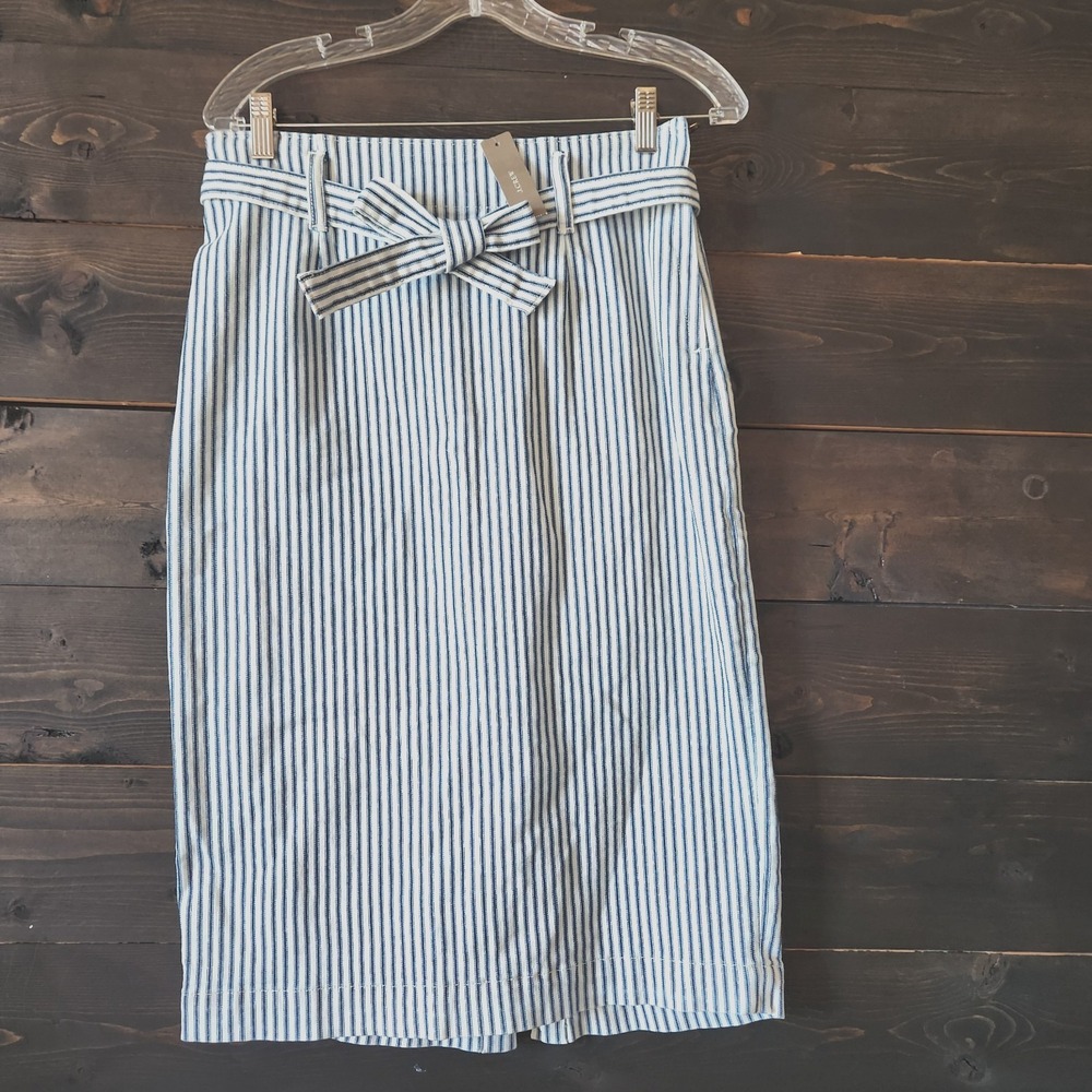 J. CREW Denim Pencil Skirt Railroad Striped Tie Waist  Women's‎ Size 27 NWT